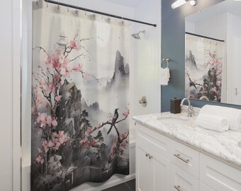 Kersenbloesem douchegordijn roze bloemen lente tuin plantentakken Aziatische bloemen romantische grijze badkamer decoratie set polyester met haak