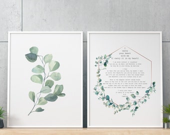 Cummings Poem I carry your heart Printable wall art  - Downloadable print - (I carry it in my heart) - Watercolor Eucalyptus - set of 2