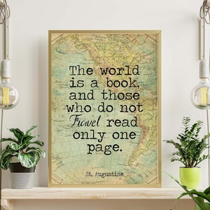 Stampa con citazione di viaggio di Sant'Agostino "Il mondo è un libro" Decorazione per angolo di lettura Arte murale Mappa vintage, Decorazione Wanderlust, incorniciata o senza cornice