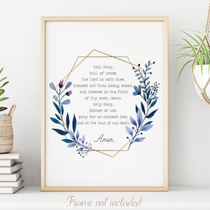 Hail Mary Prayer Print: Blue Watercolor Wreath, Catholic Home Decor