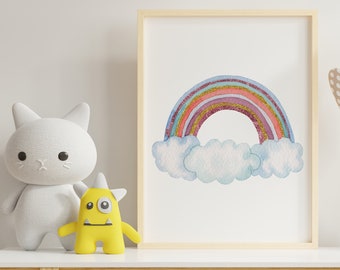 Watercolor Glitter rainbow Printable wall art - rainbow wall art for nursery - Downloadable print