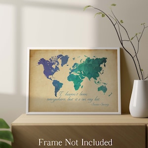 Não estive em todos os lugares, mas está na minha lista - Susan Sontag Print - Arte de parede de pôster de viagem sem moldura Mapa-múndi geométrico de baixo polígono
