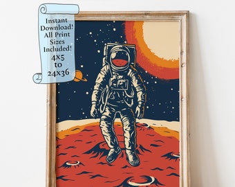 Space Poster, Astronaut Wall Art, Retro Sci-Fi Printable, Digital Download, Outer Space Decor, Space Travel Illustration, Galaxy Art