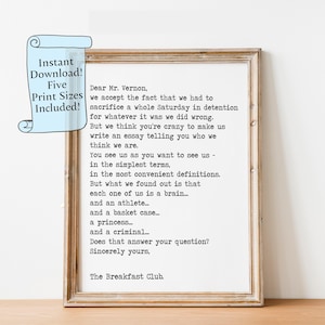 Citazione del film The Breakfast Club - Frasi di chiusura - Lettera al signor Vernon Stampa artistica in bianco e nero per l'arredamento della casa, film minimalista senza cornice