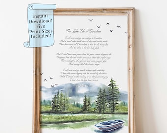 Impresión poética de Yeats: Lago Isla de Innisfree, Lago de Acuarela (Descarga digital)