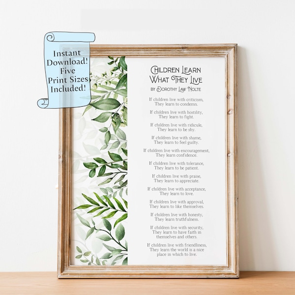 Children Learn What They Live Poem - Dorothy Law Nolte - Printable Wall Art Poster Print - New Parents Gift - Digital Download