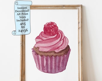 Watercolor Raspberry Cupcake Downloadable print - Cupcake wall art for Kitchen - Printable wall art - Baking wall art - Kitchen Poster Print