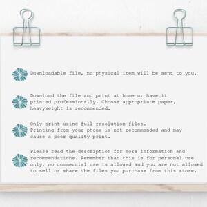 May include: A white paper with text, held by silver binder clips. The text provides instructions for downloading and printing a file, emphasizing the digital nature of the product and recommending high-quality printing.