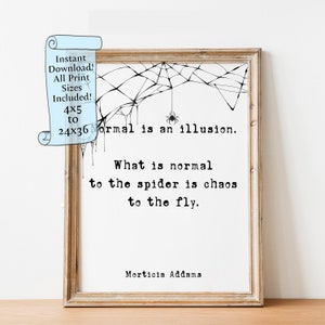 May include: A framed print with a black and white illustration of a spider web and a spider. The quote "Normal is an illusion. What is normal to the spider is chaos to the fly." is printed in black text. The quote is attributed to Morticia Addams.