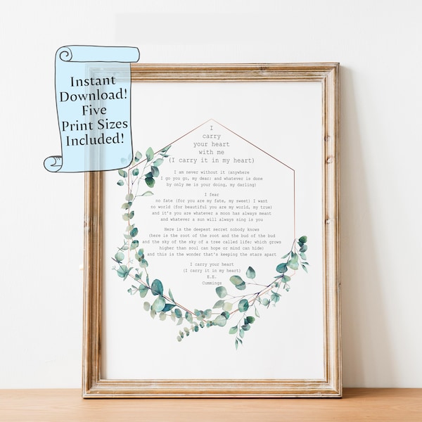 Cummings Poem I carry your heart Printable wall art  - Downloadable print - (I carry it in my heart) - Watercolor Eucalyptus