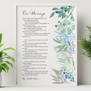 Stampa di Kahlil Gibran sul matrimonio - Arte murale di poesia nuziale - Decorazione d'amore letteraria - Regalo romantico - Poster botanico ad acquerello