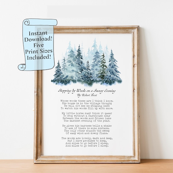 Robert Frost Poem Wall Art Print - Stopping by Woods on a Snowy Evening - illustrated posters - Printable Wall Art - Digital Download