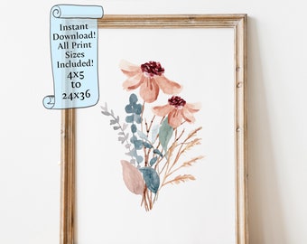 Impresión de acuarela de flores silvestres: Arte floral en rosa ruborizado y azul polvoriento (Descarga digital)
