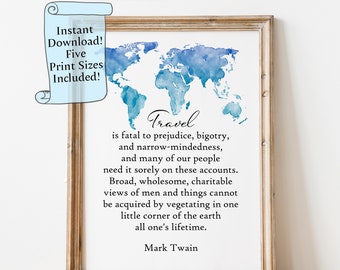 Mark Twain Travel Quote Poster: Watercolor World Map (Digital Download)