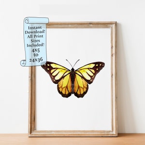 Yellow Butterfly Printable Wall Art, Watercolor Butterfly Digital Download, Nursery Decor, Nature Art Print, Instant Download Poster
