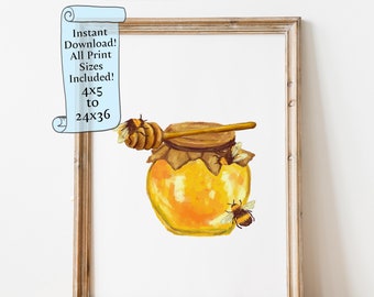 Watercolor Honey Bees Downloadable print - Honey pot wall art for Kitchen - Printable wall art