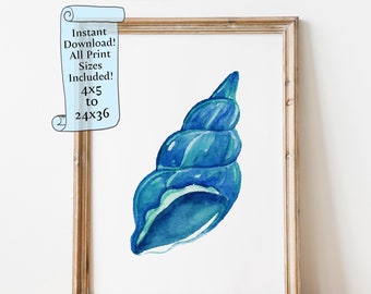 Watercolor Seashell Printable wall art - Blue sea shell painting - Downloadable print - Printable Wall Art - Beach House Decor