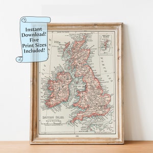 Vintage kaart Britse eilanden afdrukken, antieke kaart VK downloaden, digitale muurkunst Atlas 1900, afdrukbare historische kaart van Groot-Brittannië en Ierland
