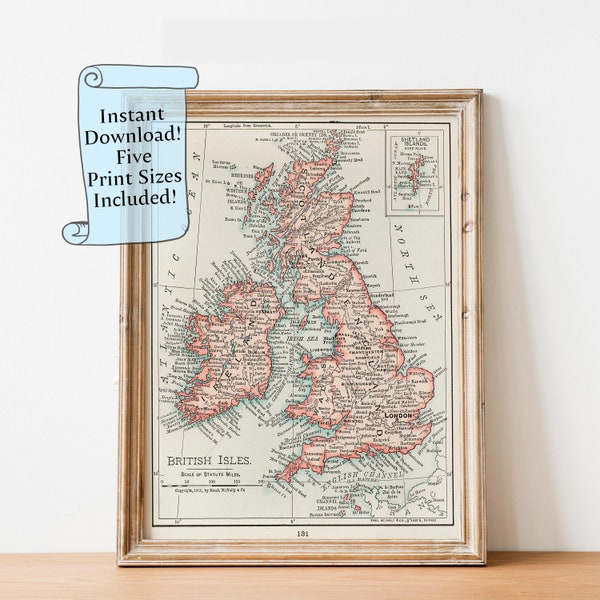 Large Vintage Map Wall Art of the British Isles from Universal Atlas of the World published in 1900 - Digital Download Printable File