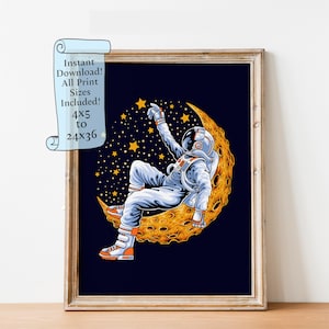 Astronaut Illustration - Sitting on the moon - Instant download - Space Theme Bedroom Print - Printable Wall Art