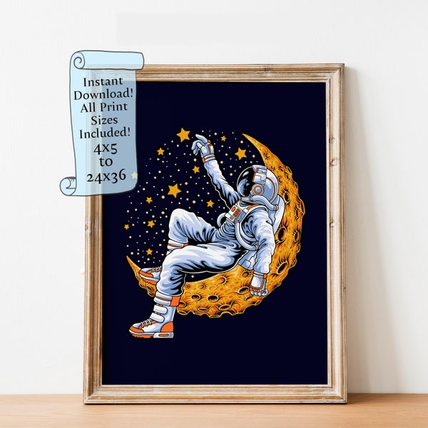 Astronaut Illustration - Sitting on the moon - Instant download - Space Theme Bedroom Print - Printable Wall Art