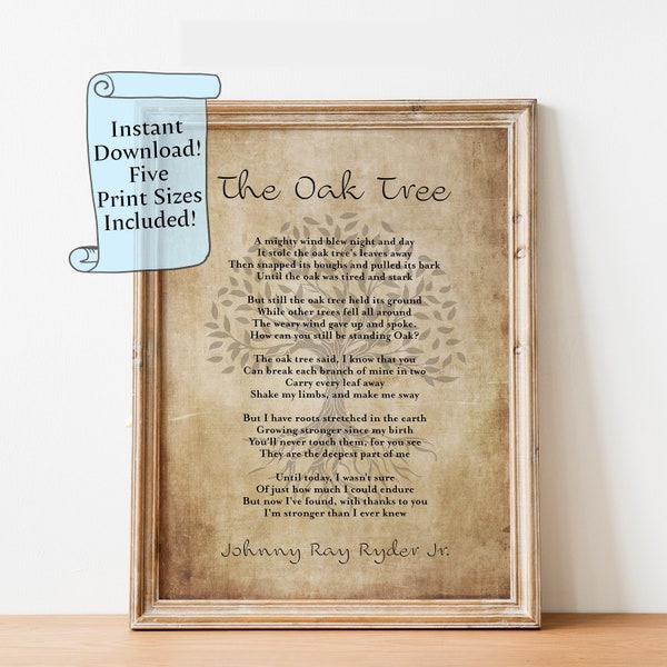 The Oak Tree Poem By Johnny Ray Ryder Jr - Printable Wall Art - Poem Poster Print - Digital Download Poetry Wall Art