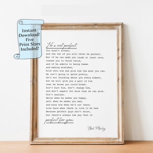 Bob Marley Afdrukbare muurkunst, gedicht He's Not Perfect, romantische digitale download, print liefdescitaat, jubileumcadeau