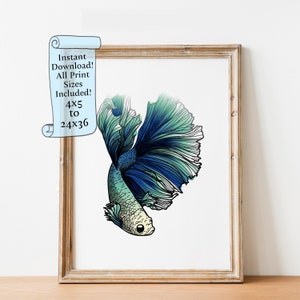 ベタ魚の印刷可能な壁アート、闘魚のイラスト、デジタル水族館アート、青緑の水彩画プリント、即時ダウンロードの装飾