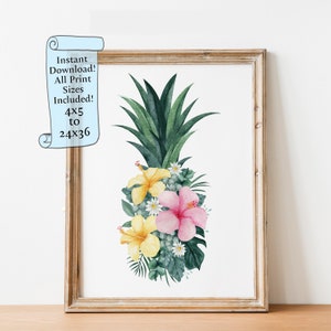 Tropical Wall Art Pineapple Floral Plant Collage Hibiscus Flowers Downloadable print Tropical Plants Printable wall art image 1