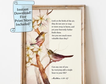 Schriftkunst aan de muur - kijk naar het bijbelvers van de vogels - Matteüs 6:26-27 - direct downloaden - digitaal bestand afdrukbaar
