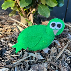 Può includere: Un uccello verde fatto a mano in feltro con grandi occhi neri e bianchi, un becco grigio e piccoli piedi grigi. L'uccello è adagiato su un letto di cippato e pacciame, con una piccola pianta verde sullo sfondo. L'uccello ha un design semplice e a cartoni animati.
