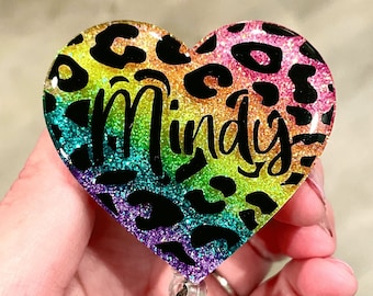 Leopard Print Heart Badge Reel, Personalized Badge Reel, Rainbow Leopard, Leopard Print Badge Holder, Animal Badge Reel, Retractable