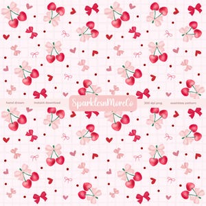 Patrón sin costuras de cerezas de San Valentín 300 DPI PNG Descarga para papel digital Diseño de superficie de tela de vinilo Amantes de los libros Vday