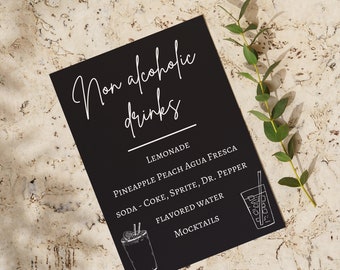 May include: Black and white sign with the text "Non alcoholic drinks" and a list of non-alcoholic beverages, including lemonade, pineapple peach agua fresca, soda, flavored water, and mocktails.