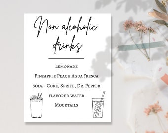May include: A white sign with black text that reads "Non alcoholic drinks" and lists a variety of non-alcoholic beverages, including lemonade, pineapple peach agua fresca, soda, flavored water, and mocktails.