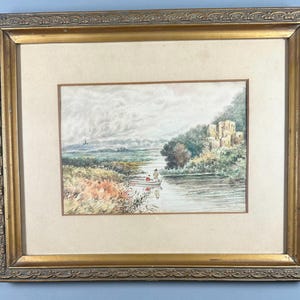 Antique 1909 Watercolor Landscape Painting – Signed Haig – River Scene with Castle & Figures in Boat – Original Art in Orig. Gilt Frame