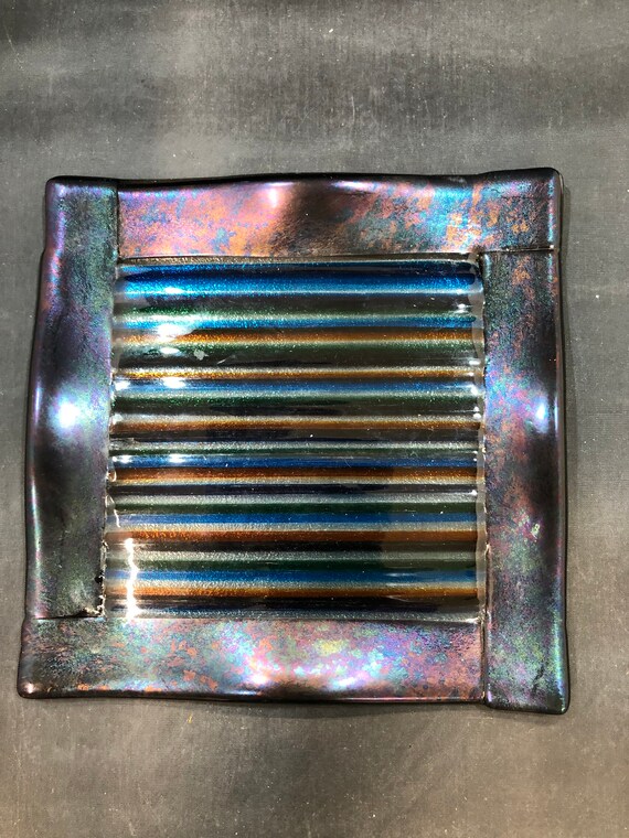 Fused Glass Trinket Dish Square Dichroic Iridescent Sushi Plate Signed 6.25\