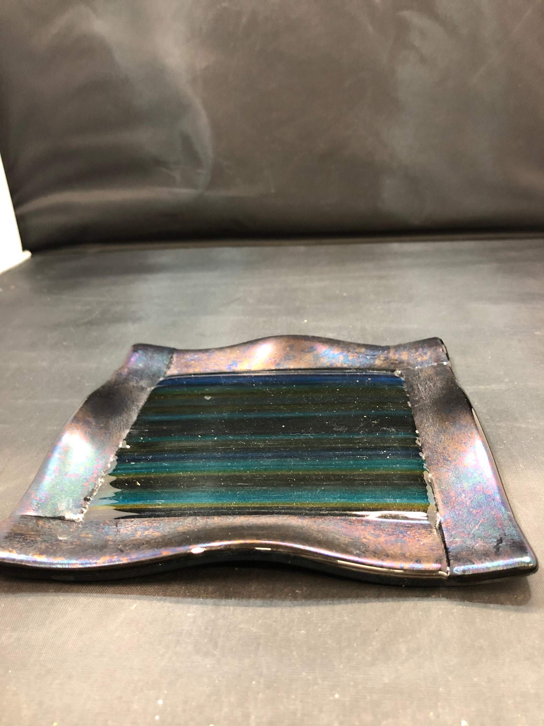 Fused Glass Trinket Dish Square Dichroic Iridescent Sushi Plate Signed 6.25\