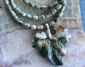 Rhyolite Necklace w/Carved Leaf 16" (4x6mm Beads)