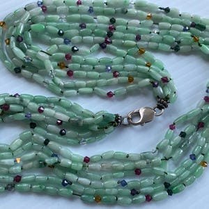Multi strand Green Jade and Crystal Knotted Necklace 24&quot; (6 strands)with large Sterling Lobster clasp