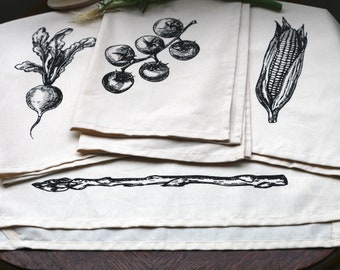 Set of 4 Natural Vegetable Kitchen Towels, Screen Printed Tea Towels, Vegetables Dish Towels