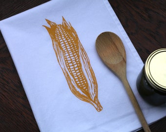 Gold Corn Kitchen Towel, Screen Printed Tea Towel, Vegetable Dish Towel