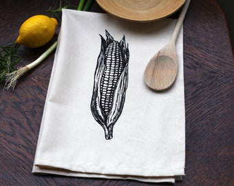 Corn Natural Kitchen Towel, Screen Printed Tea Towel, Vegetable Dish Towel