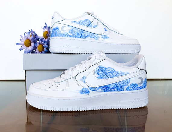Blue Clouds and Moon: Hand-painted Custom Nike Air Force 1. | Etsy