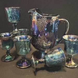 Indiana Glass Iridescent Blue Harvest Grape Pitcher and Six Goblet Set - Carnival Glass