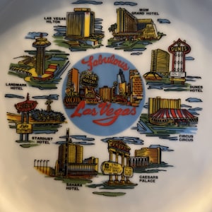 Vintage Fabulous Las Vegas State Souvenir Plate with Blue Flower Banding