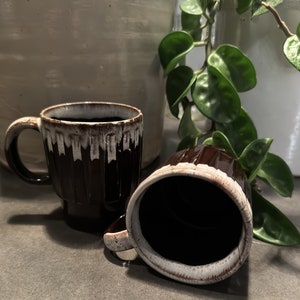 Vintage MCM Japanese Brown Drip Glazed Stackable Ceramic Coffee Mug - Set of Two