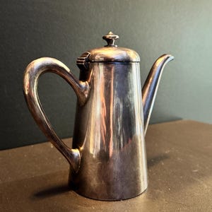 May include: A silver-colored coffee pot with a curved handle and a spout. The pot has a lid with a small decorative finial. The surface of the pot reflects light, creating highlights and shadows. The pot is likely made of metal.