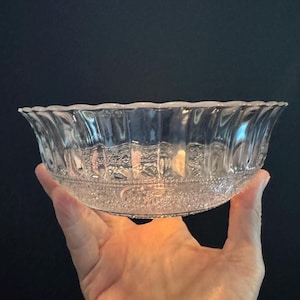 May include: A clear glass bowl with a scalloped rim and textured detailing. The bowl has a decorative pattern around the base and a fluted design on the sides. The bowl is held in a hand against a dark background.