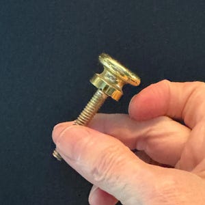 May include: A gold-colored, threaded bolt with a decorative head. The head has a circular design with a raised, ridged edge. The bolt is held against a dark background.